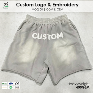 Men 400GSM Heavy French Terry Shorts Custom 3D Puff Embroidery Vintage Wash Raw <b>Edge</b> Baggy Hip Hop Streetwear Sweat Shorts - Product Image 1