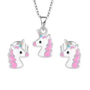 Özel toplu benzersiz 925 ayar gümüş kız takı seti moda tasarımcısı sevimli Unicorn hayvan desen ince çocuklar emaye mücevherat