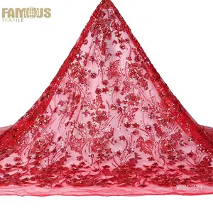 New arrival red velvet tulle lace crystal sequins knit heavy matte beaded fabric for india wedding