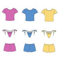 Dames 3-delige effen bikiniset met korte mouwen, crop top, zijdelingse strik, geplooide bikinibroekje met zwemshort, badpak, zwemkleding