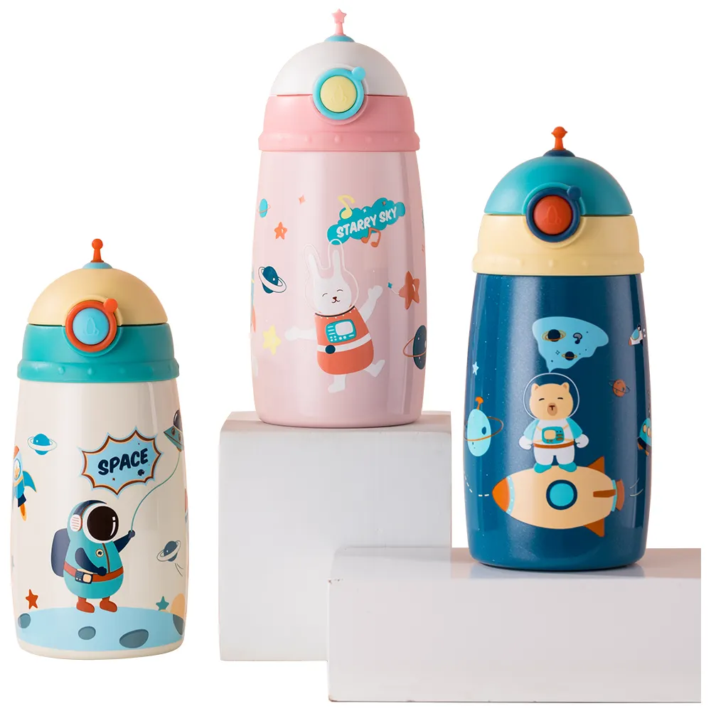 Hot Selling 380 ML Kids Cartoon Design Baby Water Bottle Stainless Steel Vacuum Insulated Thermos Flask with Straw