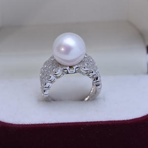Bague en argent S925 avec perle d'eau douce ronde blanche de 12-13 mm, forte luminosité, faibles défauts, zircon, bague ouverte, ensemble complet - Product Image 2