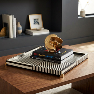 Modern Rectangle Wood Inlay Tray Black White Striped Handmade Tabletop Decoration - Product Image 1