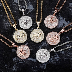 Oro rosa oro argento placcato 3 colori CZ diamante pavimentato moneta medaglione hip hop uomini <span class=keywords><strong>ariete</strong></span> collana dodici <span class=keywords><strong>gioielli</strong></span> zodiacali - Product Image 1