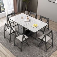 Ensemble de table à manger pliante effet pierre frittée avec 6 chaises pliantes à roulettes et tiroir de rangement, mobilier de salle à manger