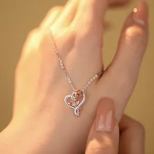 Romanti 2024 New 925 Sterling Silver Rose Necklace Gold Heart Flower Mother Days Gift Pendant Necklace For Mom