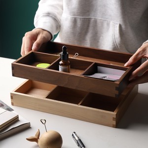 Organisateur de bureau en bois, boîte de rangement rectangulaire à 4 compartiments pour papeterie de bureau, plateau à clés, bois de noyer massif - Product Image 2