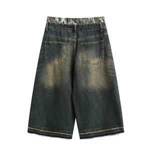 Pantalones Cortos de Mezclilla para Hombre, Estilo Vintage, Desgastados, con Parches, de Pierna Ancha, con Borlas, Tipo Bermuda - Product Image 2