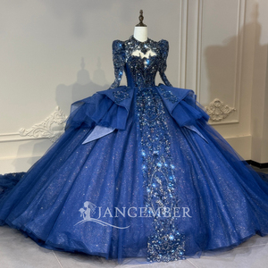 Xs321 Vestido de Gala Moderno y Elegante Azul Marino con Lentejuelas, Escote Corazón, Manga Larga, Lazo de Mariposa con Cristales Plateados, Largo hasta el Suelo - Product Image 6
