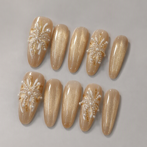 Faux ongles personnalisés faits à la main, dorés, pailletés, perlés, floraux, couvrants, 10 pièces pour doigts - Product Image 5