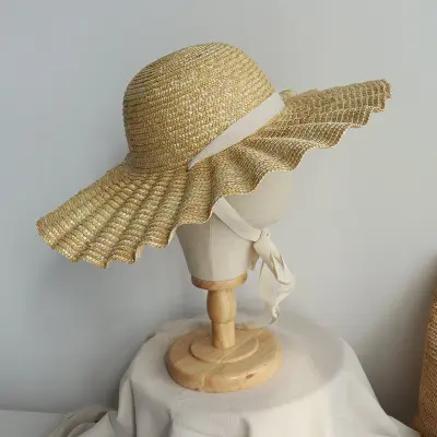 Fashion Wide Brim Ruffle Straw Hat Ribbon Sun Hat Summer Beach Wheat Straw Hat Women Girls