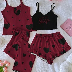 Conjunto de Pijamas Femininos de 4 Peças com Camisola e <span class=keywords><strong>Shorts</strong></span>, Roupa de Dormir de Verão com Top de Alças Duplas e Calças Sem Mangas - Product Image 4