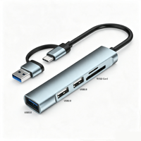 Matériel en alliage d'aluminium, hub USB à double connecteur, 5 ports avec un port USB3.0, deux ports USB2.0, lecteur de cartes SD, TF
