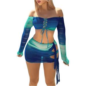 ชุดว่ายน้ำผู้หญิงแบบ 3 ชิ้นไล่เฉดสี ดีไซน์เปิดไหล่ พร้อมกระโปรงชายหาด ชุดบิกินี่แบบเว้าลายฉลุ ยืดหยุ่นได้ - Product Image 2