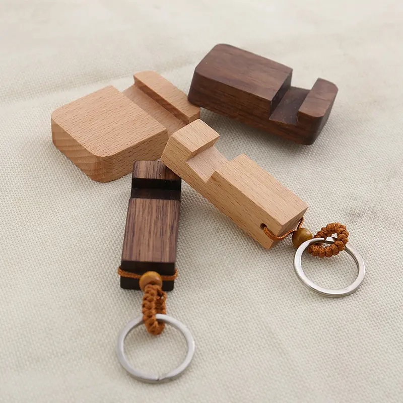 लकड़ी फोन स्टैंड धारक ठोस लकड़ी पोर्टेबल चाबी की अंगूठी के साथ