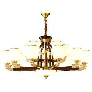 Lámpara de Techo de Madera Maciza Estilo Chino, Lámpara LED de Cobre con Múltiples Cabezales para Sala de Estar, Redonda, E27, con Interruptor - Product Image 3