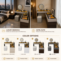Coiffeuse moderne en chêne en forme de L avec éclairage LED, rangement multi-niveaux, miroir et 3 tiroirs pour chambre à coucher