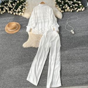 New Hollow Crochet Lace Splicing Long-sleeved Shirt High-waisted Wide-legged <b>Pants</b> Women's Casual 2-piece Set Fashion - Product Image 4