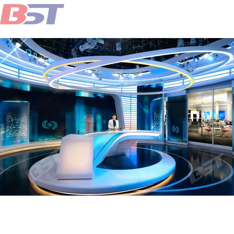 Customize unique translucent stone TV broadcast LED light TV news desk online live studio table desk