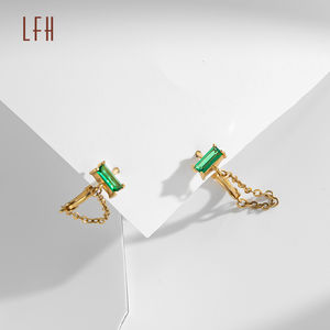 Pendientes de Cadena Cuadrados con Circonita Cúbica Verde, Pendientes Colgantes de Oro Real de 18k, Pendientes de Botón de Circonita de Oro Puro de 18k para Mujer - Product Image 6