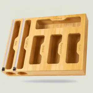 Supporto per dispenser con involucro In plastica 6 In 1 organizzatore di immagazzinaggio con chiusura lampo In bambù con taglierina per la cucina