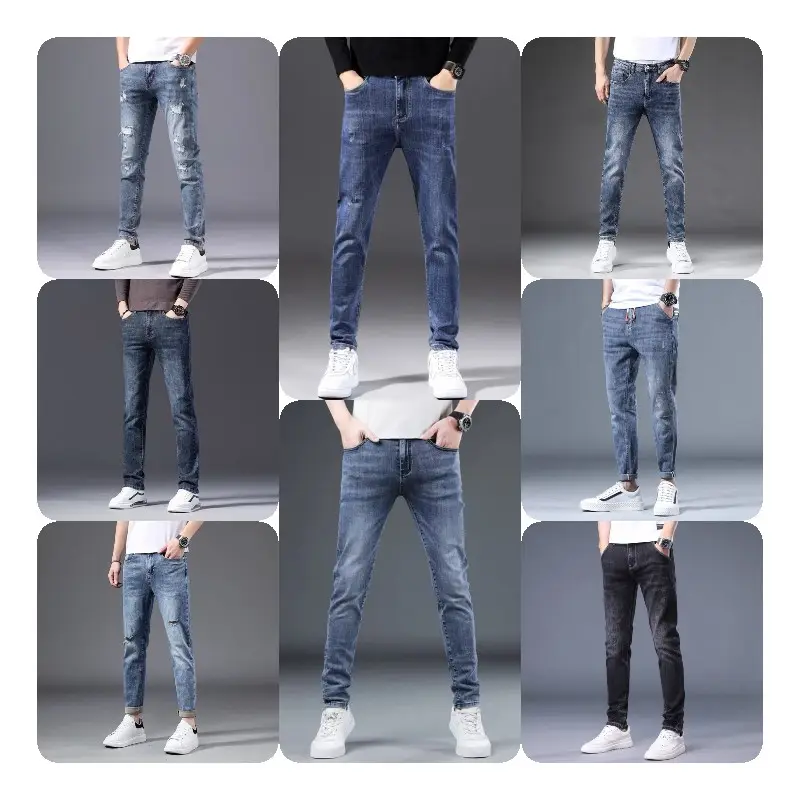 Estilo de la moda de los hombres pantalones vaqueros de algodón elástico Pantalones Jean azul claro Denim Slim Straight Casual Ripped Letter Print Jeans