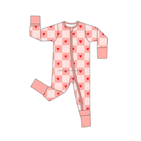 Organische bamboevezel Valentijnsdag baby romper met aangepaste hittetransfer logo patroon kleur maat lage minimale bestelhoeveelheid hartprint slaappak
