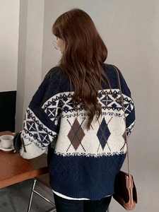 Cárdigan de punto de manga larga de Jacquard geométrico con <span class=keywords><strong>rombos</strong></span> sueltos de estilo coreano Retro para <span class=keywords><strong>mujer</strong></span> - Product Image 2