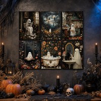 Ensemble de six tableaux fantômes pour mur, toile vintage mignonne et effrayante pour Halloween, impression encadrée pour salle de bain, cuisine, galerie, décoration d'automne pour la maison