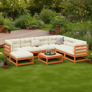 Ensemble de canapés de jardin en bois, couleur marron et crème, avec coussins en mousse haute densité, mobilier d'extérieur contemporain et durable - Product Image 2