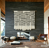 Décoration murale Wabi Sabi en corde de coton tressée à la main avec franges sphériques pour espaces commerciaux, villas et murs de salon
