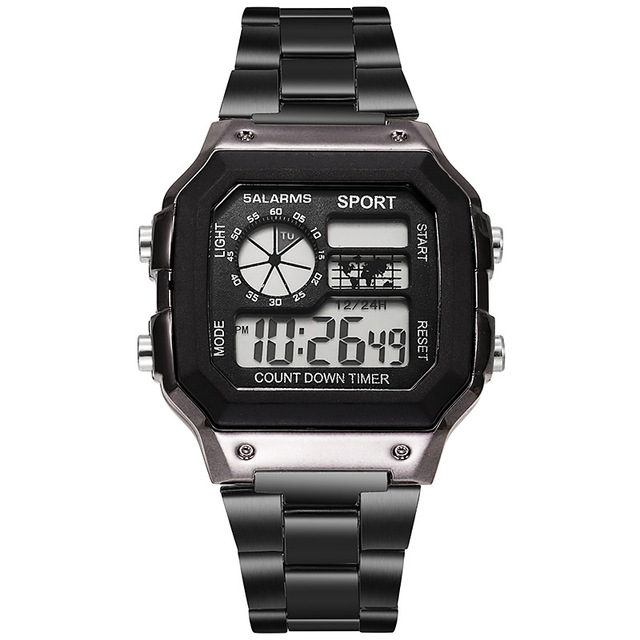 Dual Time Analog Digital Sports Watch Men's Stainless Steel Band Electronic Square LED Back Light Camouflage Wristwatch Gold