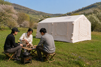 Tente de camping gonflable d'hiver 360 x 480 cm, imperméable, en polycoton, avec cheminée, colonnes d'air de 16 cm, sol en PVC 500 g/m²