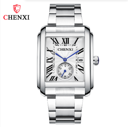 CHENXI 8216 Square Men Quartz Watches Fashion Business Simple Silvery Stainless Steel Strap Analog Display Wrist Watches