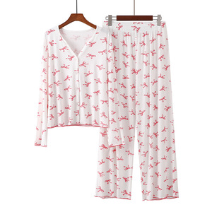 Conjunto de Pantalones y Cárdigan SUHE PJ-055 para Mujer, Tejido Acanalado, Modal, Cuello con Lazo de Leopardo, Casual, Lavado, Manga Larga, Ropa para el Hogar, Rosa y Blanco - Product Image 2