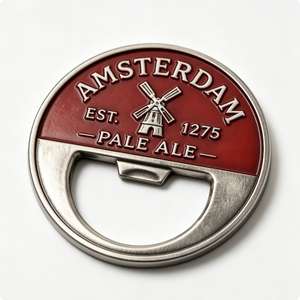Abridor de Botellas Circular de Metal Plateado con Diseño de Cerveza Pale Ale de Ámsterdam, Recuerdo - Product Image 1