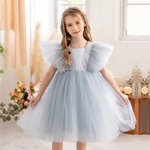 Fábrica al por mayor niños ropa moda hermosa elegante volante manga tul hasta la rodilla princesa niña vestidos para niños