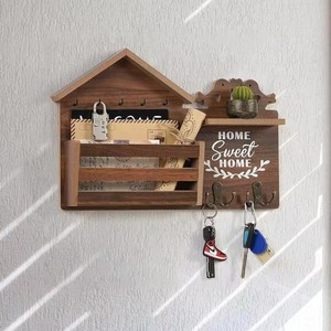 Wooden Key Hook <b>Shelf</b> Home Entry Letter Magazine Organizer Solid Wood Wall Mounted Storage <b>Rack</b> With Hooks For Keys And Mail - Product Image 1