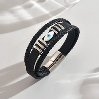 Nouveau bracelet en cuir véritable tressé à double brin avec fermoir magnétique en acier inoxydable de style vintage et breloque œil bleu pour homme