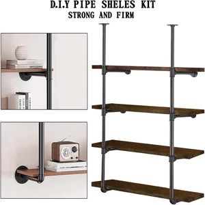 Étagères murales industrielles en tuyaux de fer à 4 niveaux, 57,5 po x 12 po, hauteur réglable, DIY, noires, ouvertes, pour salle de bain, garage, style ferme - Product Image 2