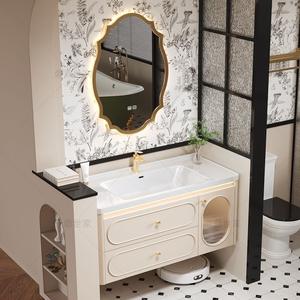 Mid ancient French style light luxury intelligent <b>mirror</b> cabinet integrated ceramic basin bathroom cabinet - Product Image 3