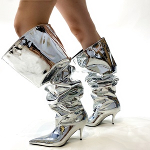 Fashion Trend Loose Pleated Upper <b>Shoes</b> Thin High Heels Pointed Toe Metallic Long Boots Women's Wide Fit Knee High Booties - Product Image 2