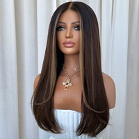 Perruque Lace Front Brun Foncé avec Mèches, Cheveux Humains Longs et Lisses, Raie au Milieu, Ligne de Cheveux Naturelle, Bonnet Sans Colle, Texture Douce, Style Salon