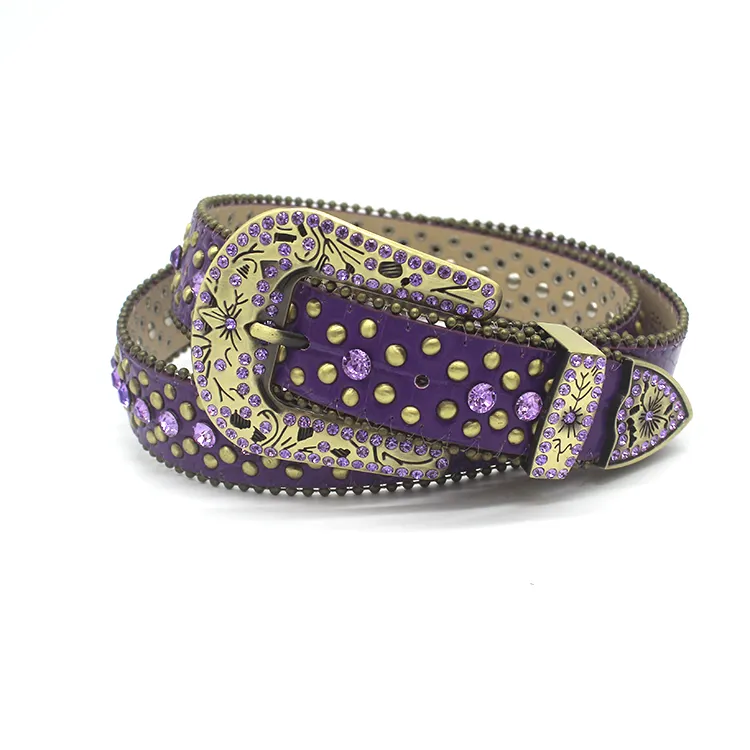 European And American Hot Sale Ladies Rhinestone Belt Fashion Purple Belt With Diamond