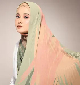 Custom Design High Quality Tudung Ombre Printed Textured Floral Fabric Mini Pleated Chiffon Shawl Hijab Scarf