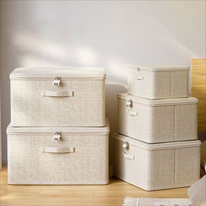 Removable Linen Fabric Storage Bins Folding <b>Wardrobe</b> Storage <b>Box</b> with Zipper Lid and Handles - Product Image 4