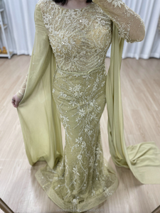 MY30192 فساتين سهرة مطرزة بالخرز برقبة مغرفة صفراء بأكمام طويلة لأم العروس ثوب حفلة أنيق للنساء - Product Image 2