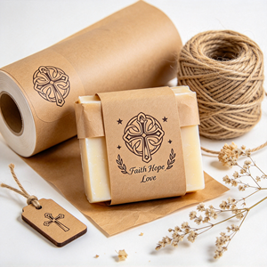 Rollo de Etiquetas Adhesivas de Papel Kraft con Diseño Vintage de Cruz Celta, Fe, Esperanza, Amor, para Jabones y Envases de Cosméticos Naturales - Product Image 1