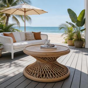 Handwoven Round Coffee <b>Table</b> Boho Hourglass Base Living Room Home Furniture - Product Image 2