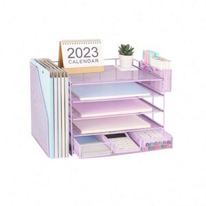 Metal Paper Tray Organizer Mesh File Holder 5 Tier Desk Organizers with <b>Pen</b> Holder, Office Desk Accessories Desktop Organization - Product Image 2